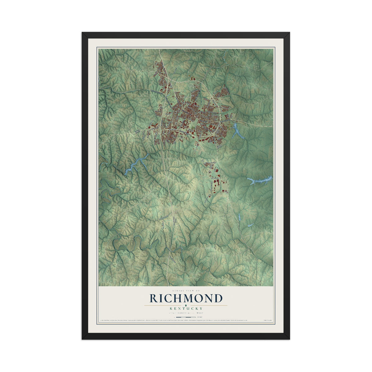 Map of Richmond, Kentucky, 12 x 18 inch print in a black wood frame