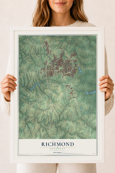Map of Richmond, Kentucky, 18 x 24 inch print in a white wood frame