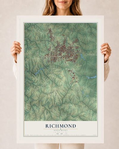 Map of Richmond, Kentucky, 24 x 36 inch print in a white wood frame