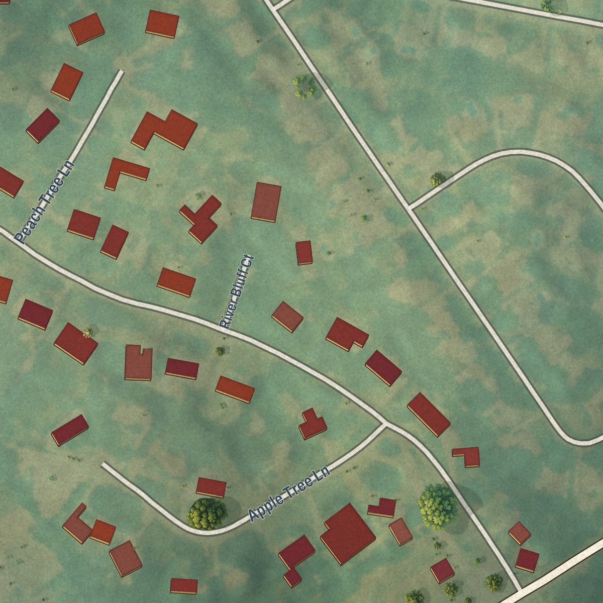 Close-up of the map of River Bluff, Kentucky print showing street and building detail
