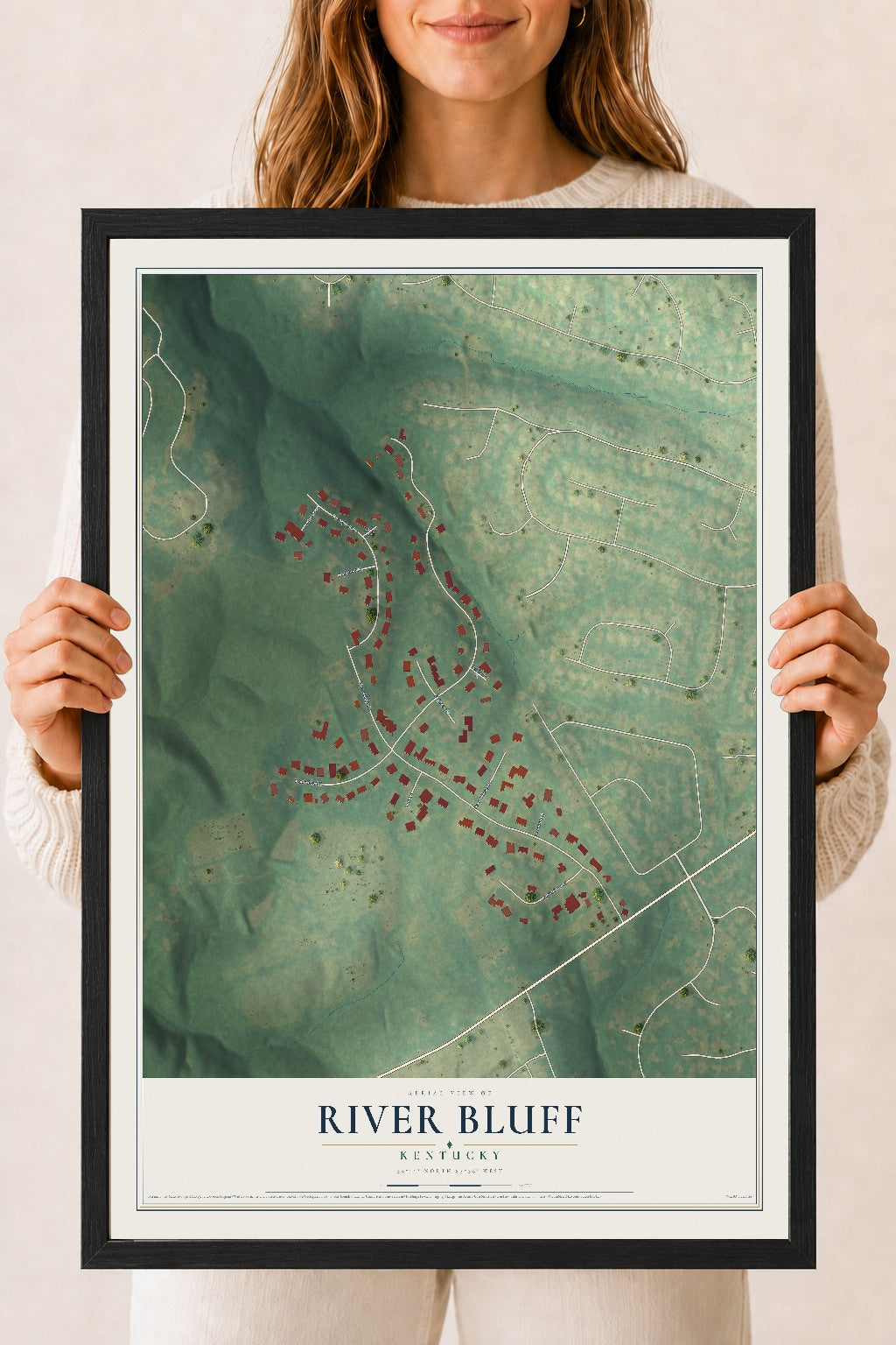 Map of River Bluff, Kentucky, 18 x 24 inch print in a black wood frame