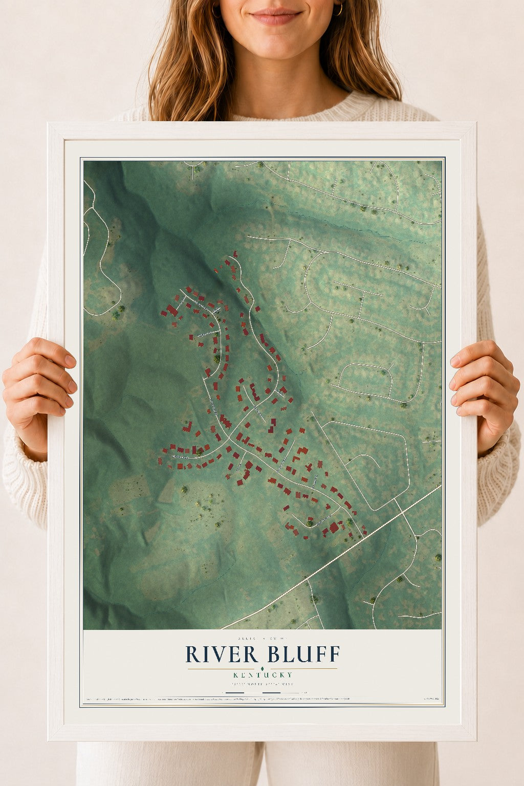 Map of River Bluff, Kentucky, 18 x 24 inch print in a white wood frame