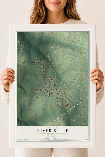 Map of River Bluff, Kentucky, 18 x 24 inch print in a white wood frame