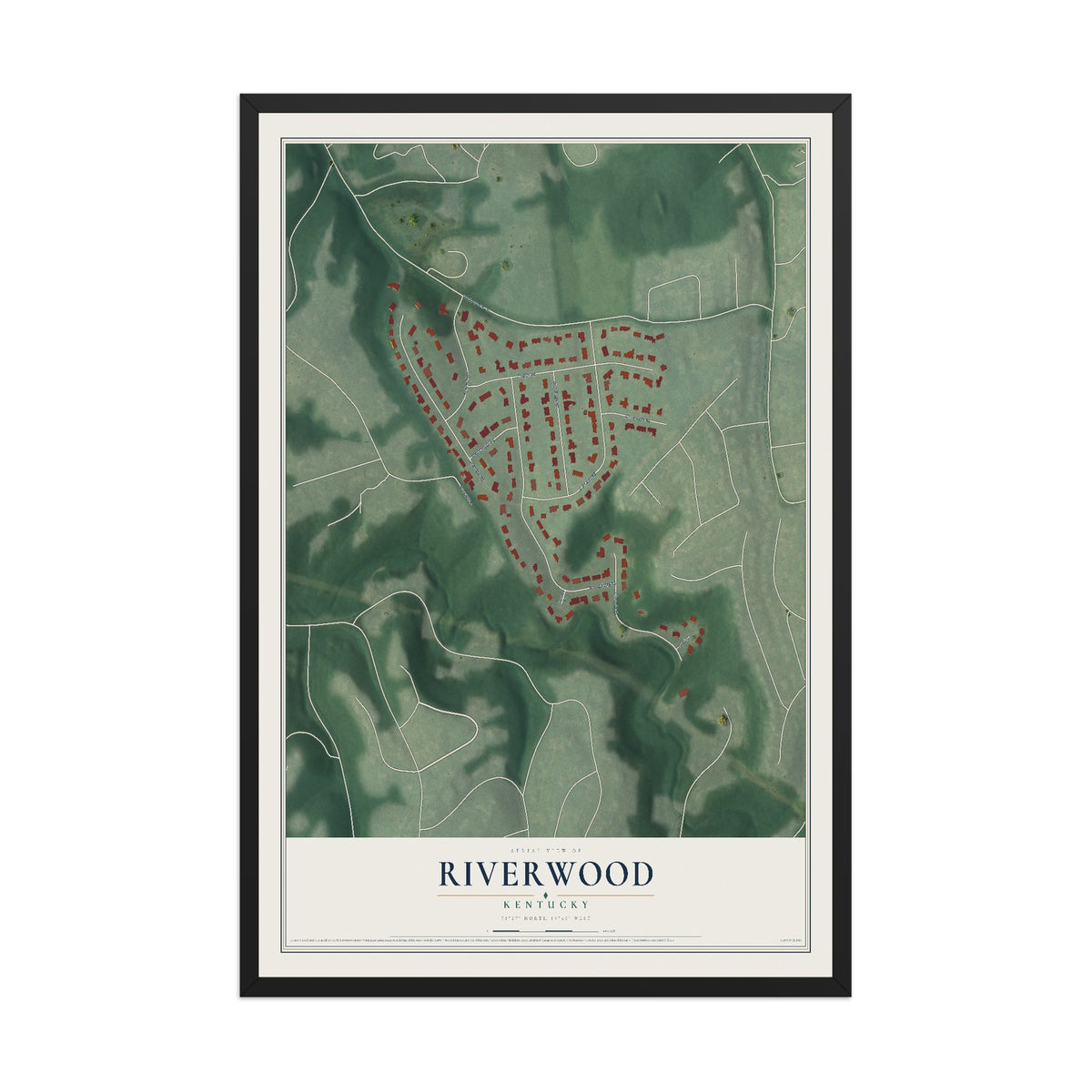 Map of Riverwood, Kentucky, 12 x 18 inch print in a black wood frame