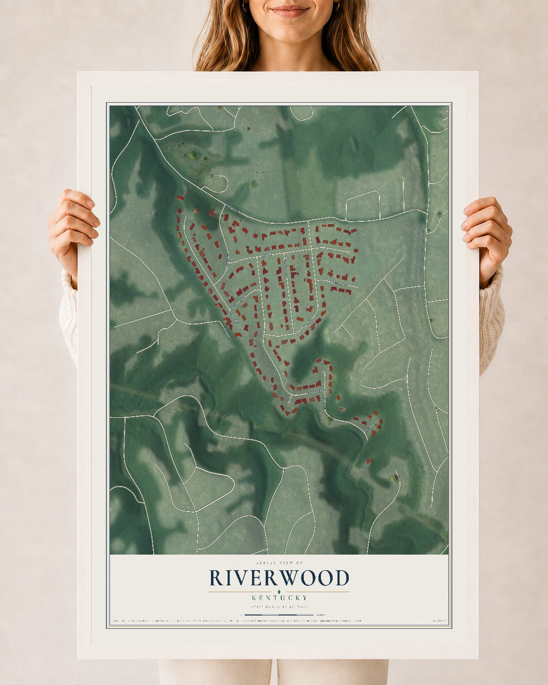 Map of Riverwood, Kentucky, 24 x 36 inch print in a white wood frame