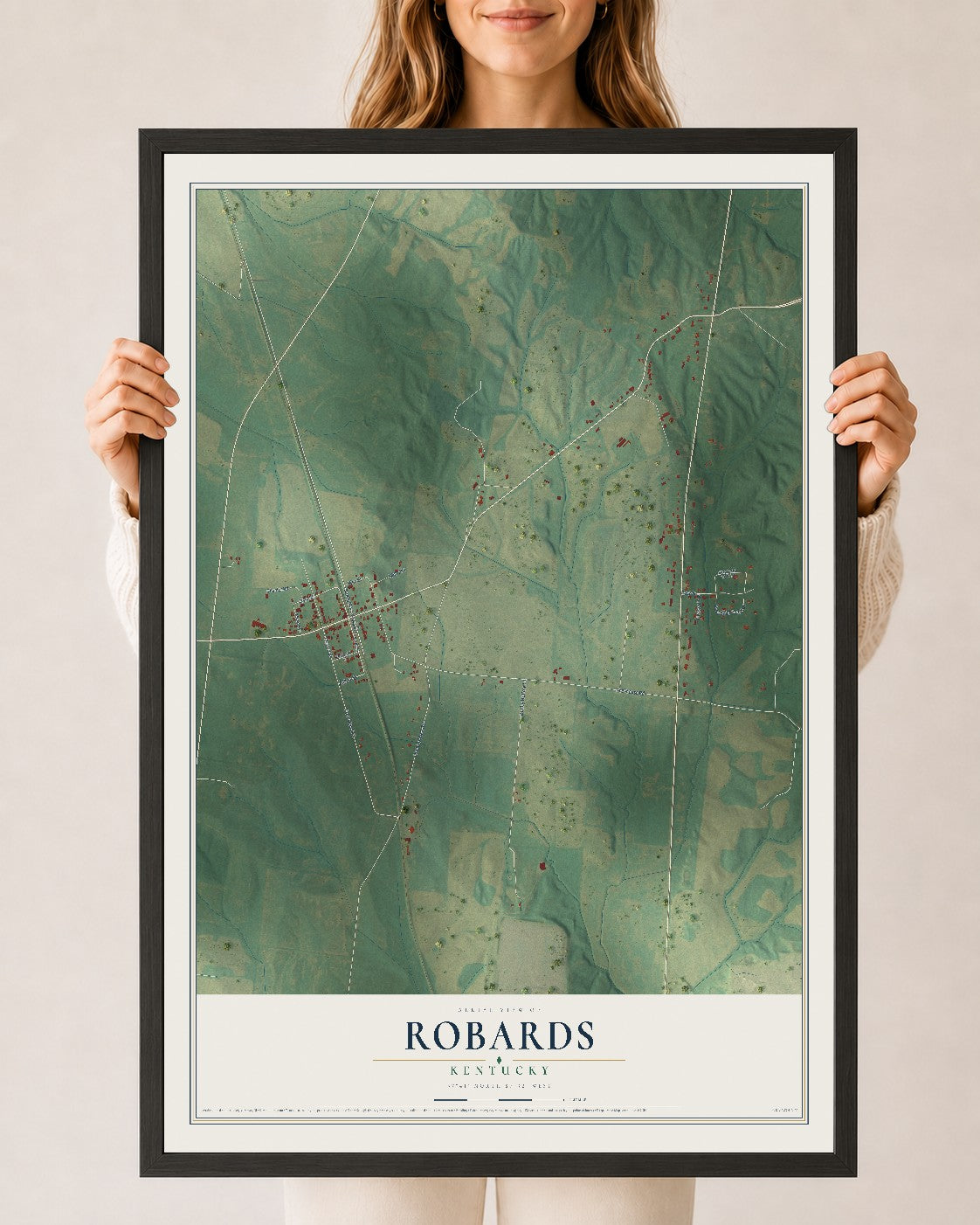 Map of Robards, Kentucky, 24 x 36 inch print in a black wood frame