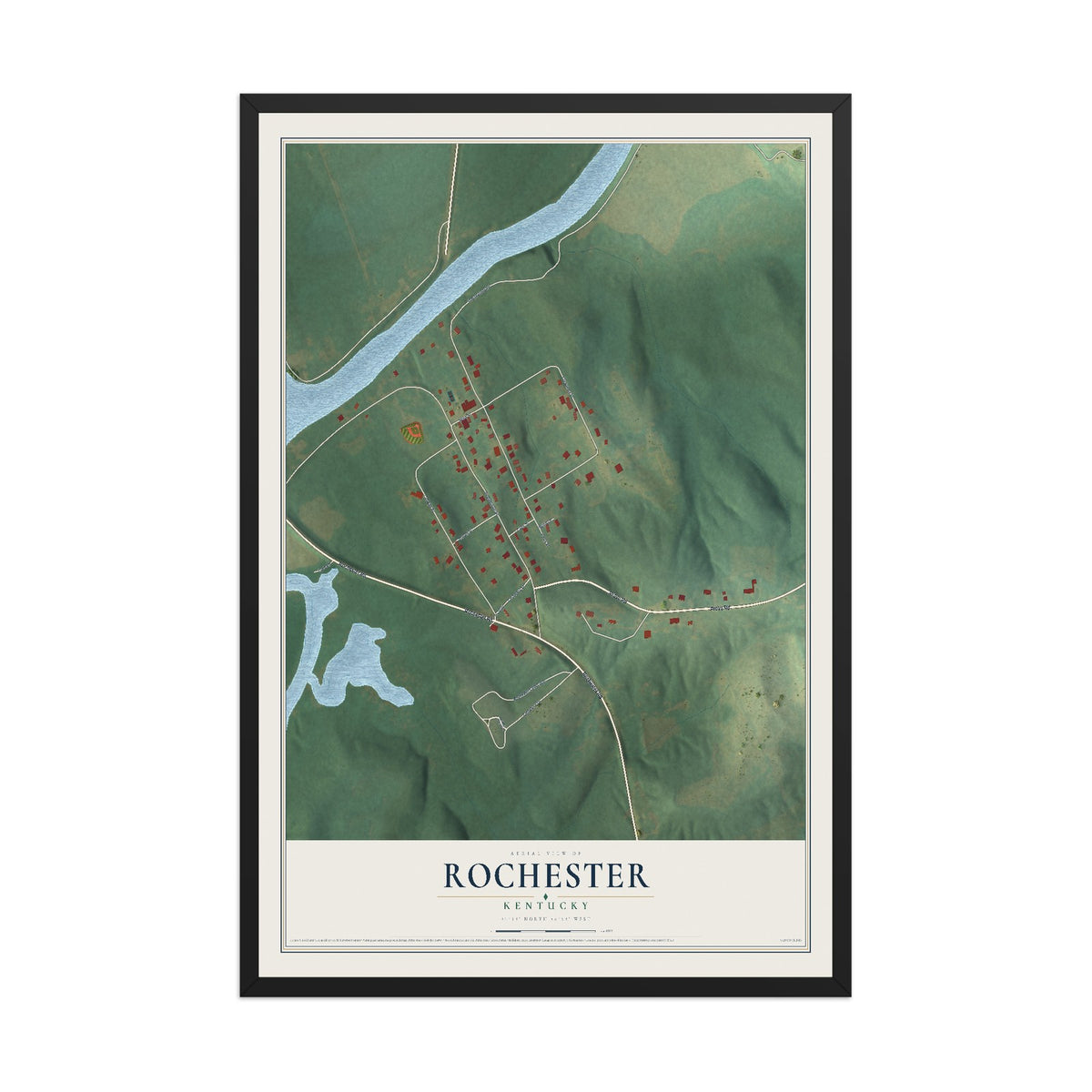 Map of Rochester, Kentucky, 12 x 18 inch print in a black wood frame