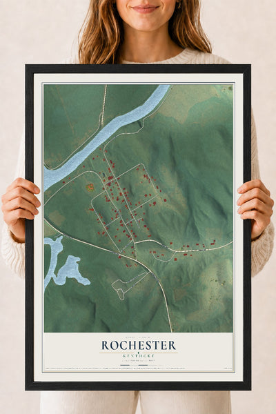 Map of Rochester, Kentucky, 18 x 24 inch print in a black wood frame