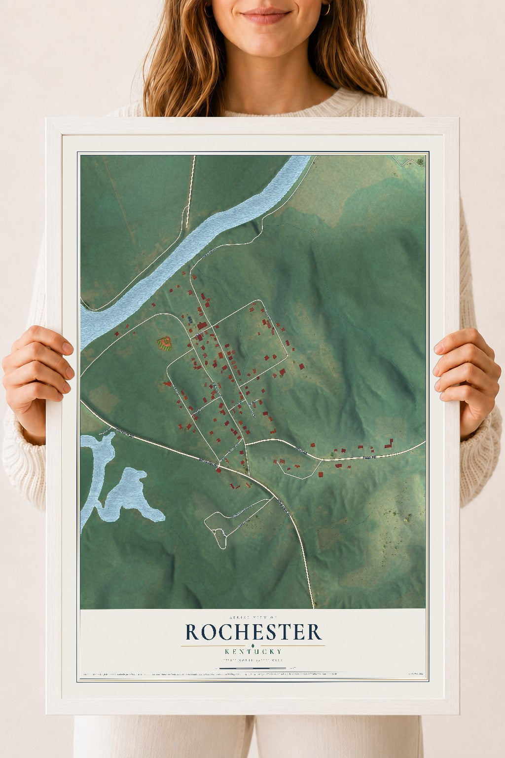 Map of Rochester, Kentucky, 18 x 24 inch print in a white wood frame