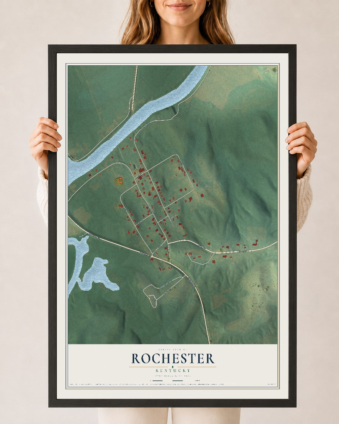 Map of Rochester, Kentucky, 24 x 36 inch print in a black wood frame