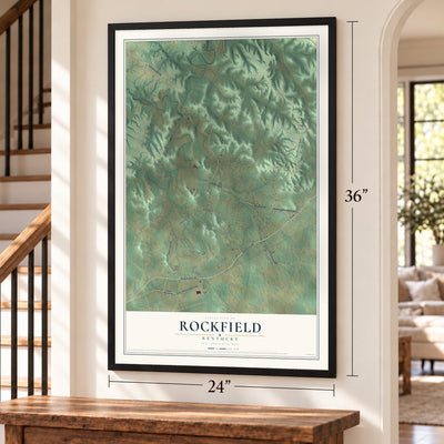 Rockfield, Kentucky map, 24 x 36 inch print in a black frame by a staircase