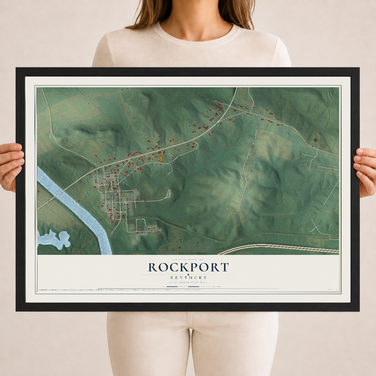 Map of Rockport, Kentucky, 18 x 24 inch print in a black wood frame