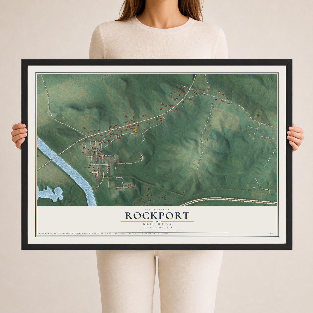 Map of Rockport, Kentucky, 24 x 36 inch print in a black wood frame