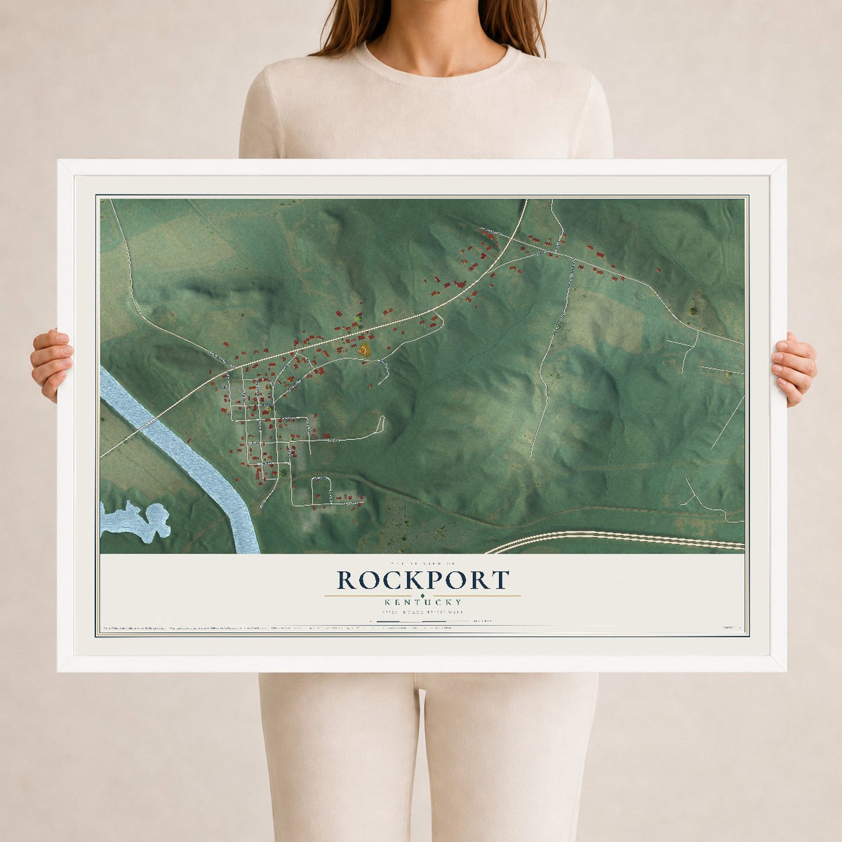 Map of Rockport, Kentucky, 24 x 36 inch print in a white wood frame
