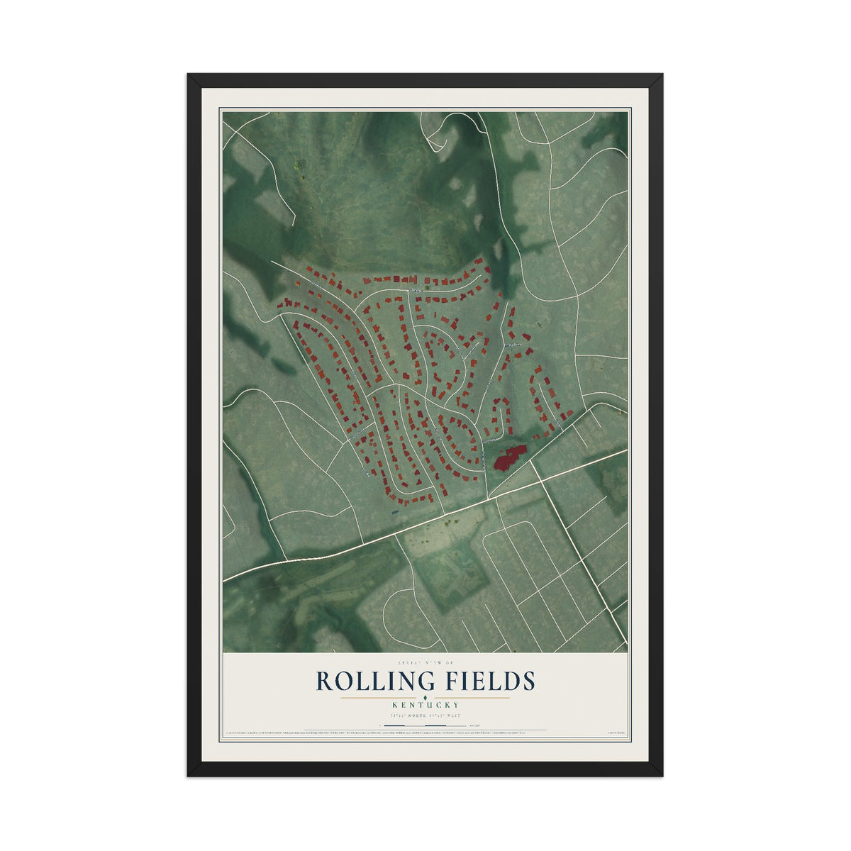 Map of Rolling Fields, Kentucky, 12 x 18 inch print in a black wood frame