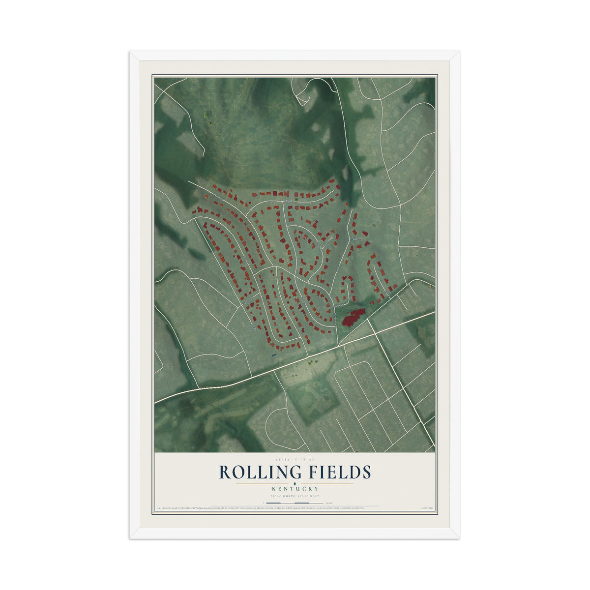 Map of Rolling Fields, Kentucky, 12 x 18 inch print in a white wood frame