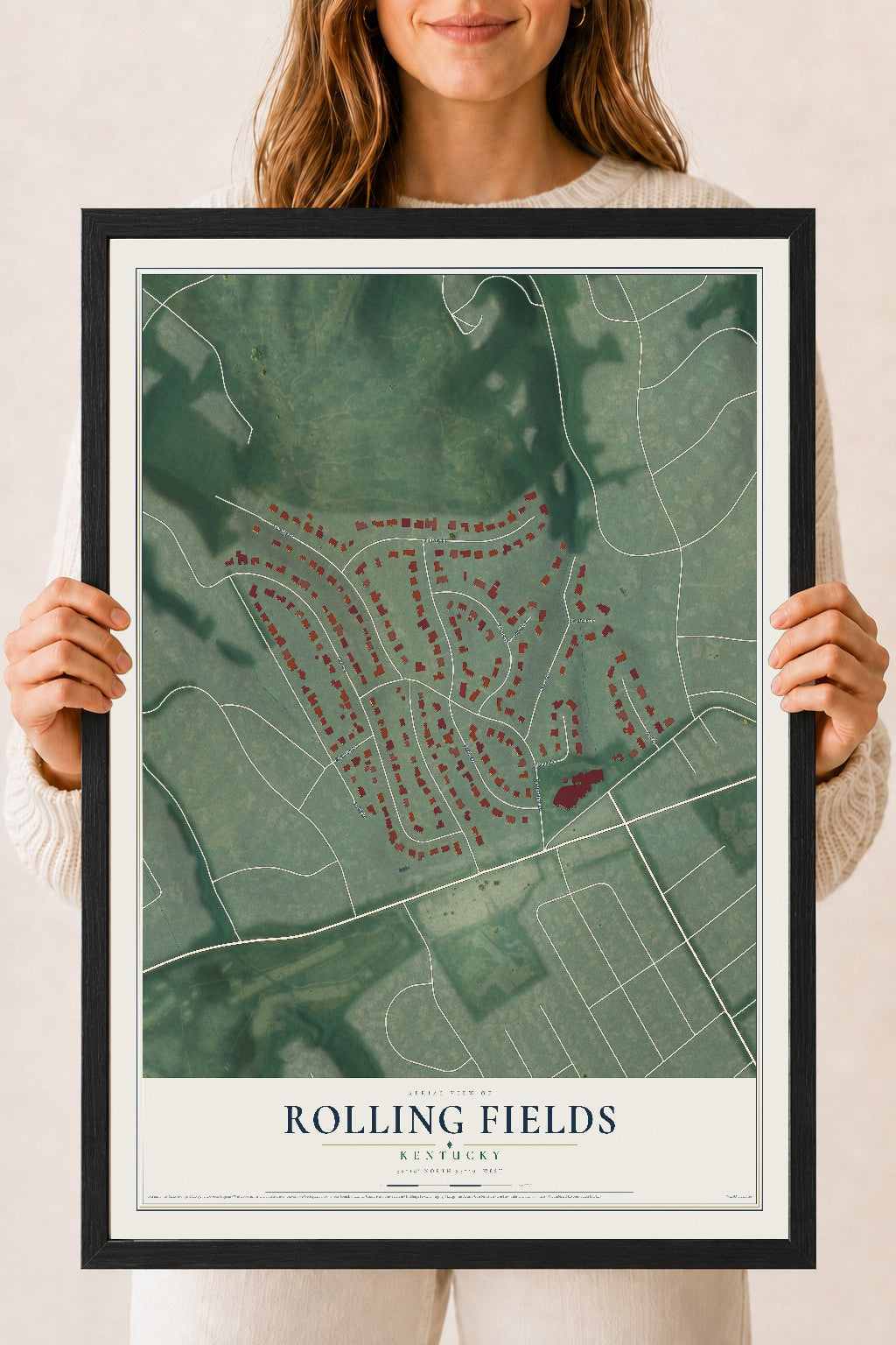 Map of Rolling Fields, Kentucky, 18 x 24 inch print in a black wood frame
