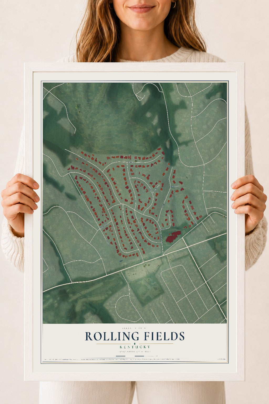Map of Rolling Fields, Kentucky, 18 x 24 inch print in a white wood frame