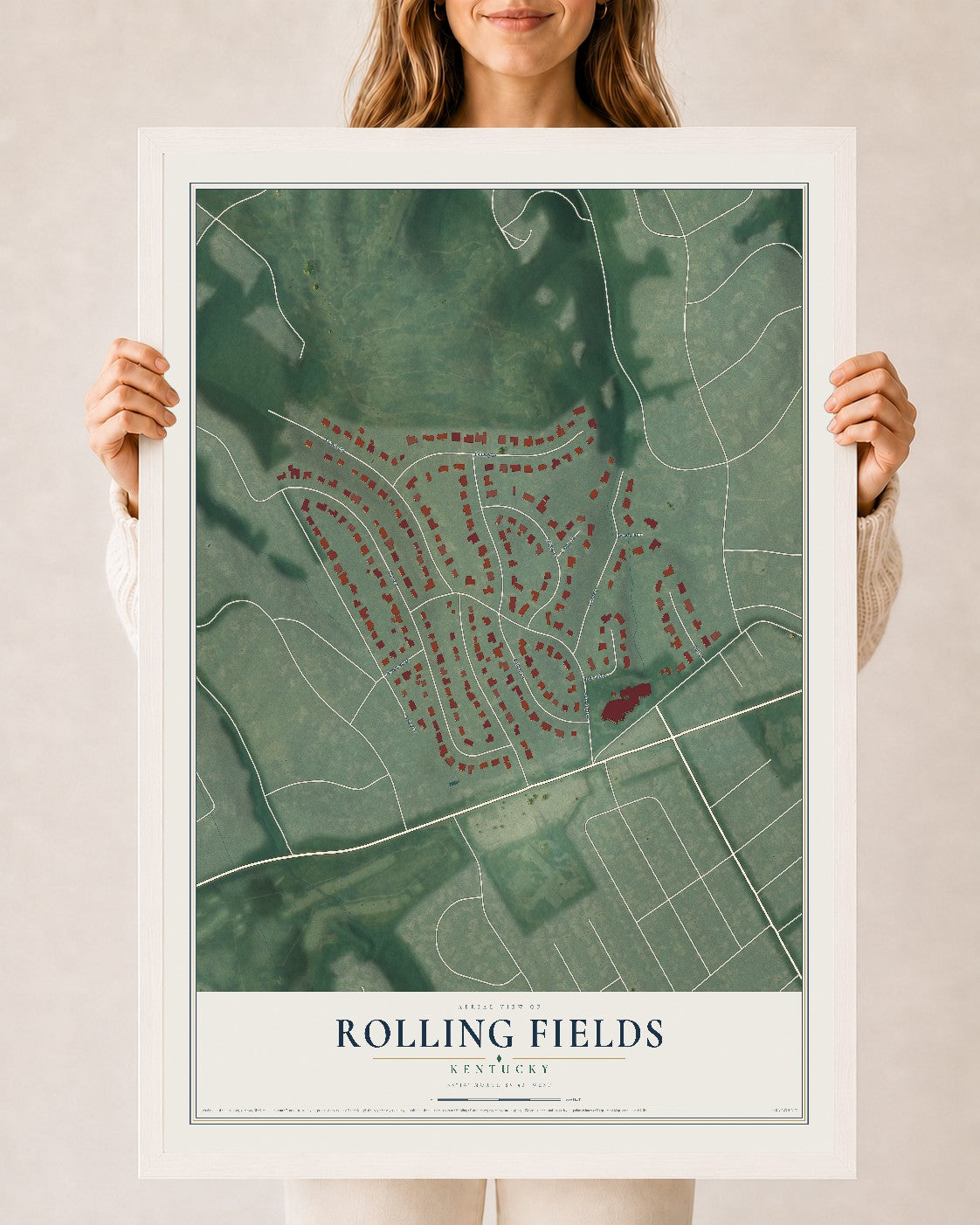 Map of Rolling Fields, Kentucky, 24 x 36 inch print in a white wood frame