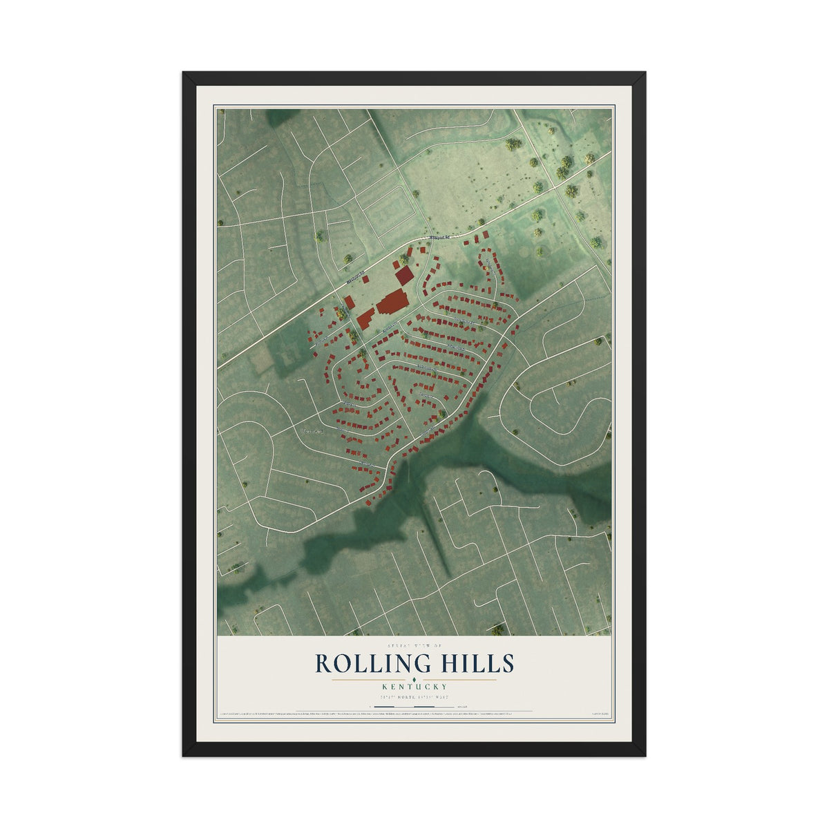 Map of Rolling Hills, Kentucky, 12 x 18 inch print in a black wood frame