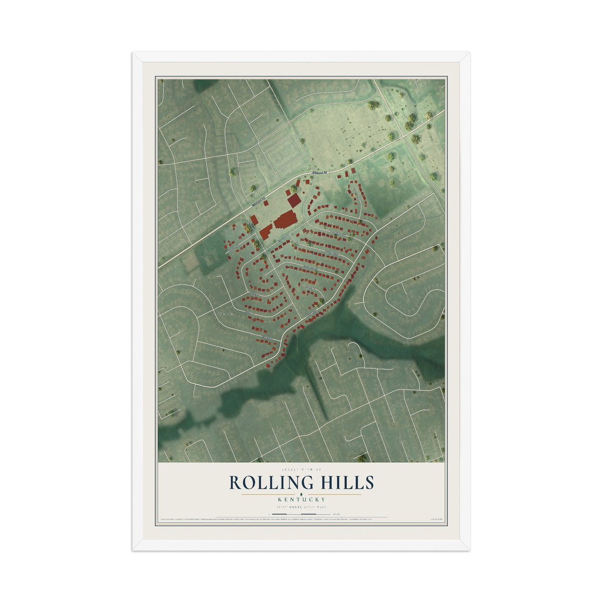 Map of Rolling Hills, Kentucky, 12 x 18 inch print in a white wood frame
