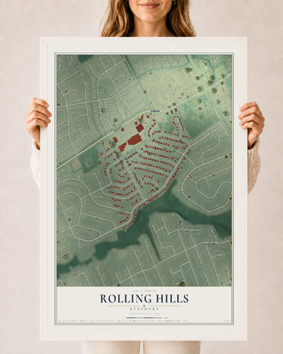 Map of Rolling Hills, Kentucky, 24 x 36 inch print in a white wood frame