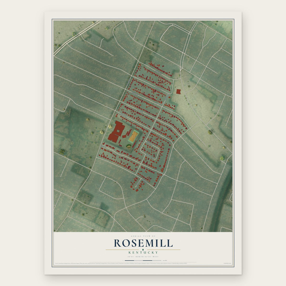 Rosemill, Kentucky map print, the full design