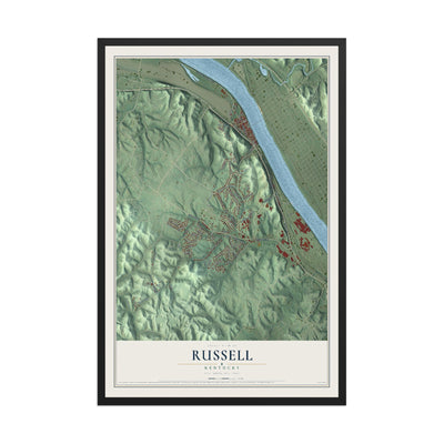 Map of Russell, Kentucky, 12 x 18 inch print in a black wood frame