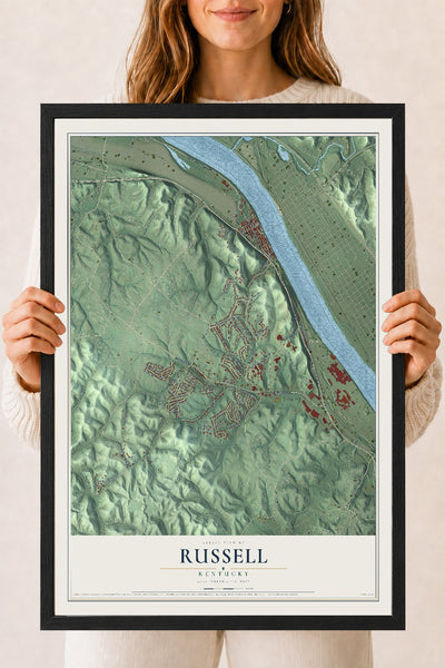 Map of Russell, Kentucky, 18 x 24 inch print in a black wood frame