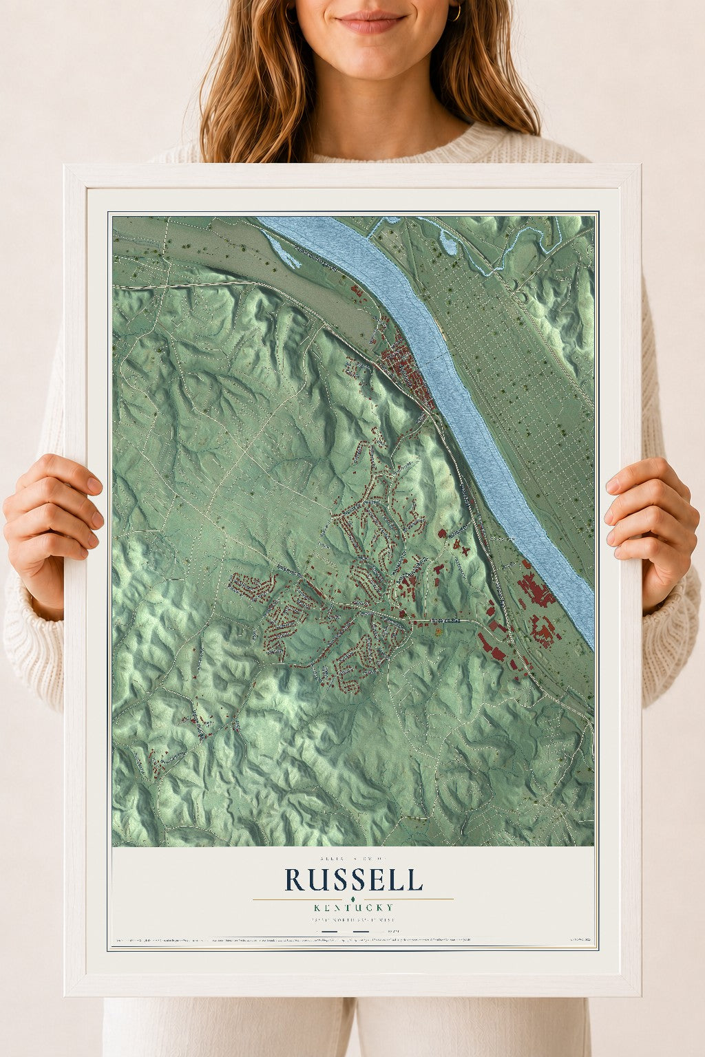 Map of Russell, Kentucky, 18 x 24 inch print in a white wood frame