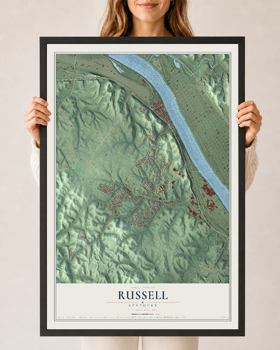 Map of Russell, Kentucky, 24 x 36 inch print in a black wood frame