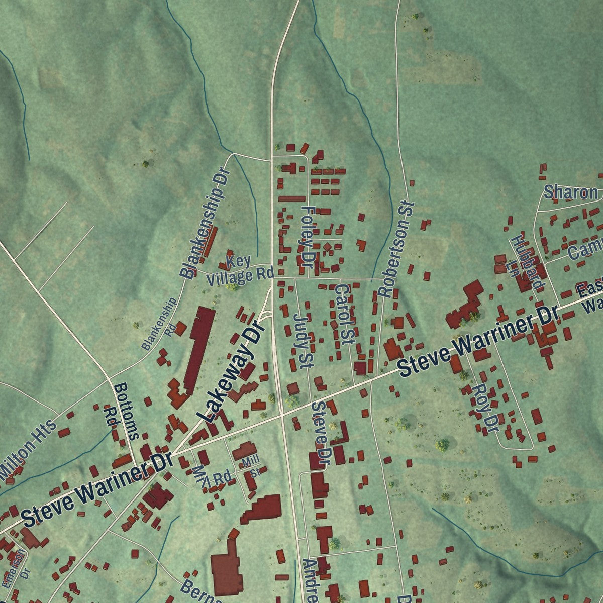 Second close-up of the map of Russell Springs, Kentucky print showing more streets and buildings