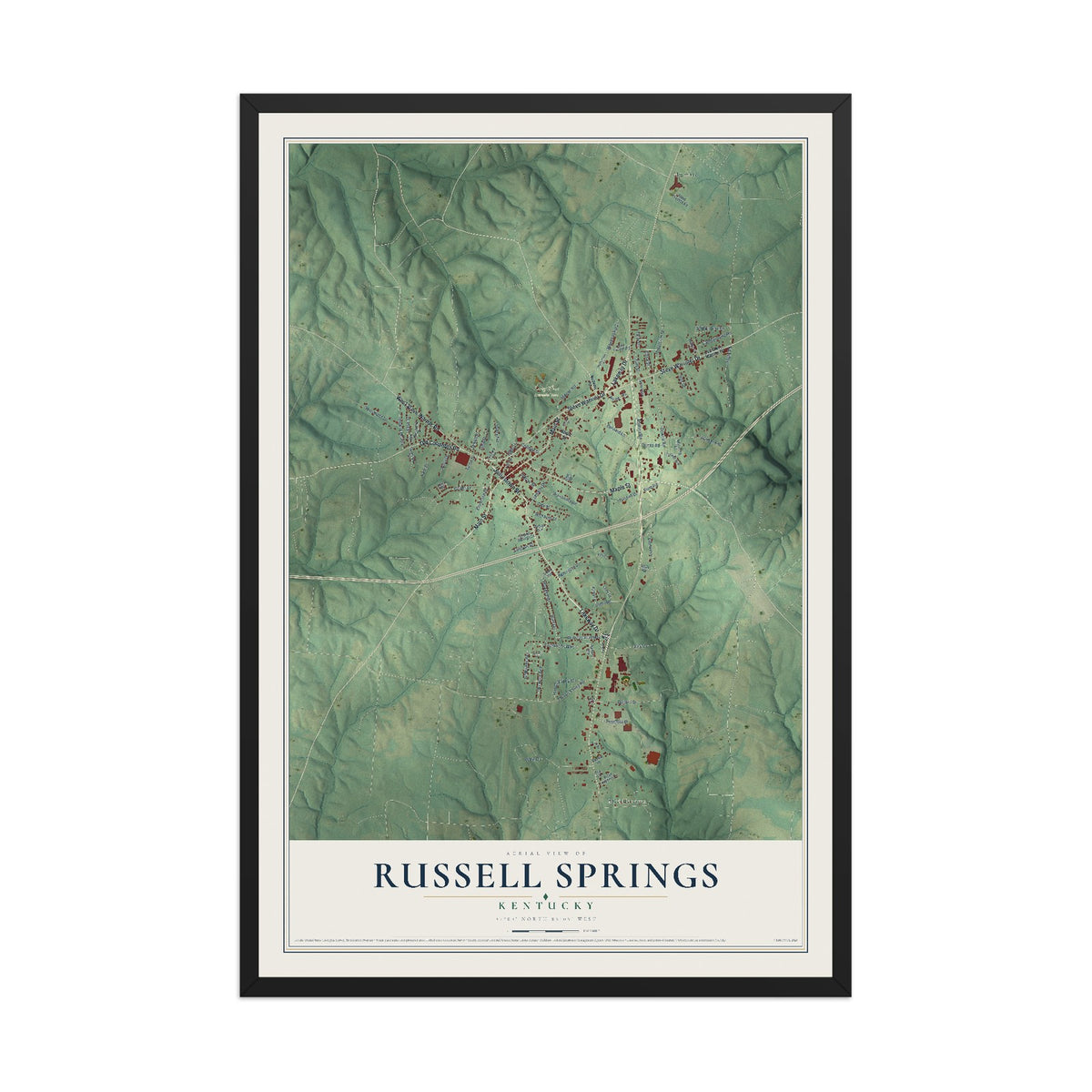 Map of Russell Springs, Kentucky, 12 x 18 inch print in a black wood frame