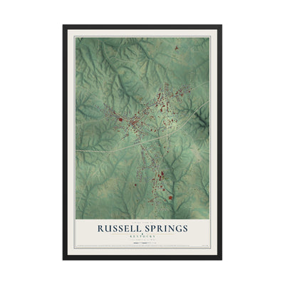 Map of Russell Springs, Kentucky, 12 x 18 inch print in a black wood frame