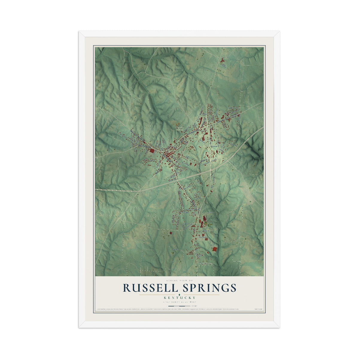 Map of Russell Springs, Kentucky, 12 x 18 inch print in a white wood frame
