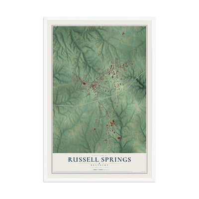 Map of Russell Springs, Kentucky, 12 x 18 inch print in a white wood frame