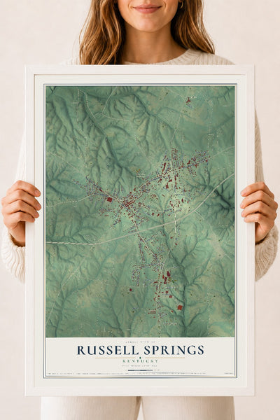 Map of Russell Springs, Kentucky, 18 x 24 inch print in a white wood frame