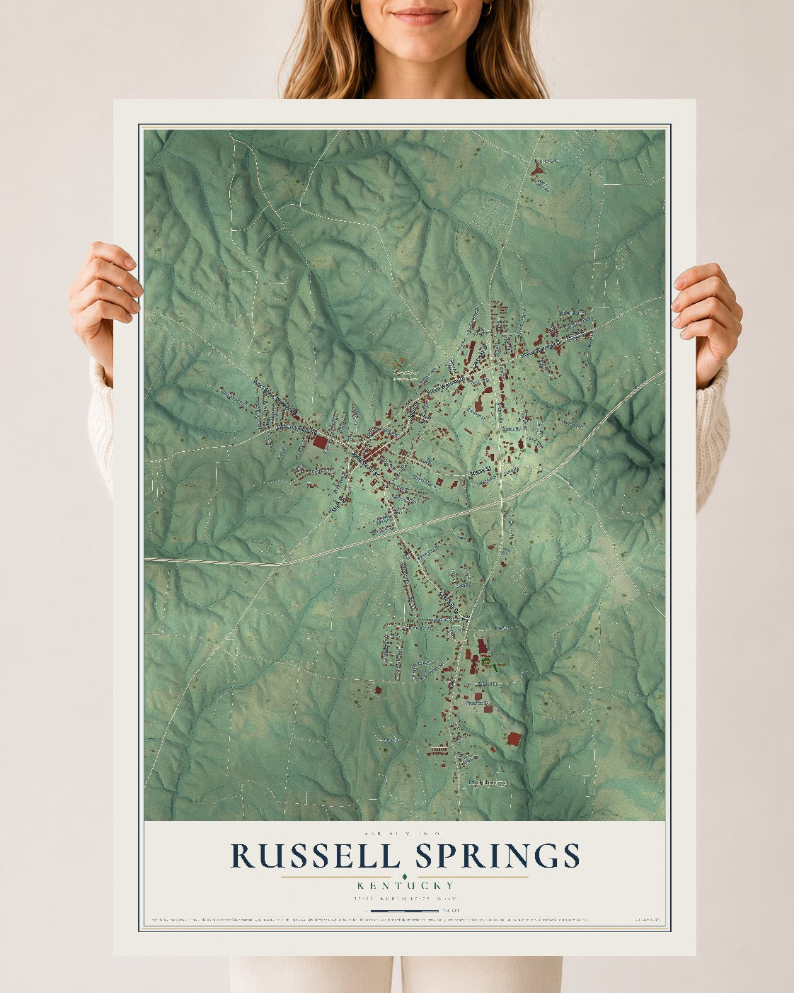 Map of Russell Springs, Kentucky, 24 x 36 inch unframed archival matte print