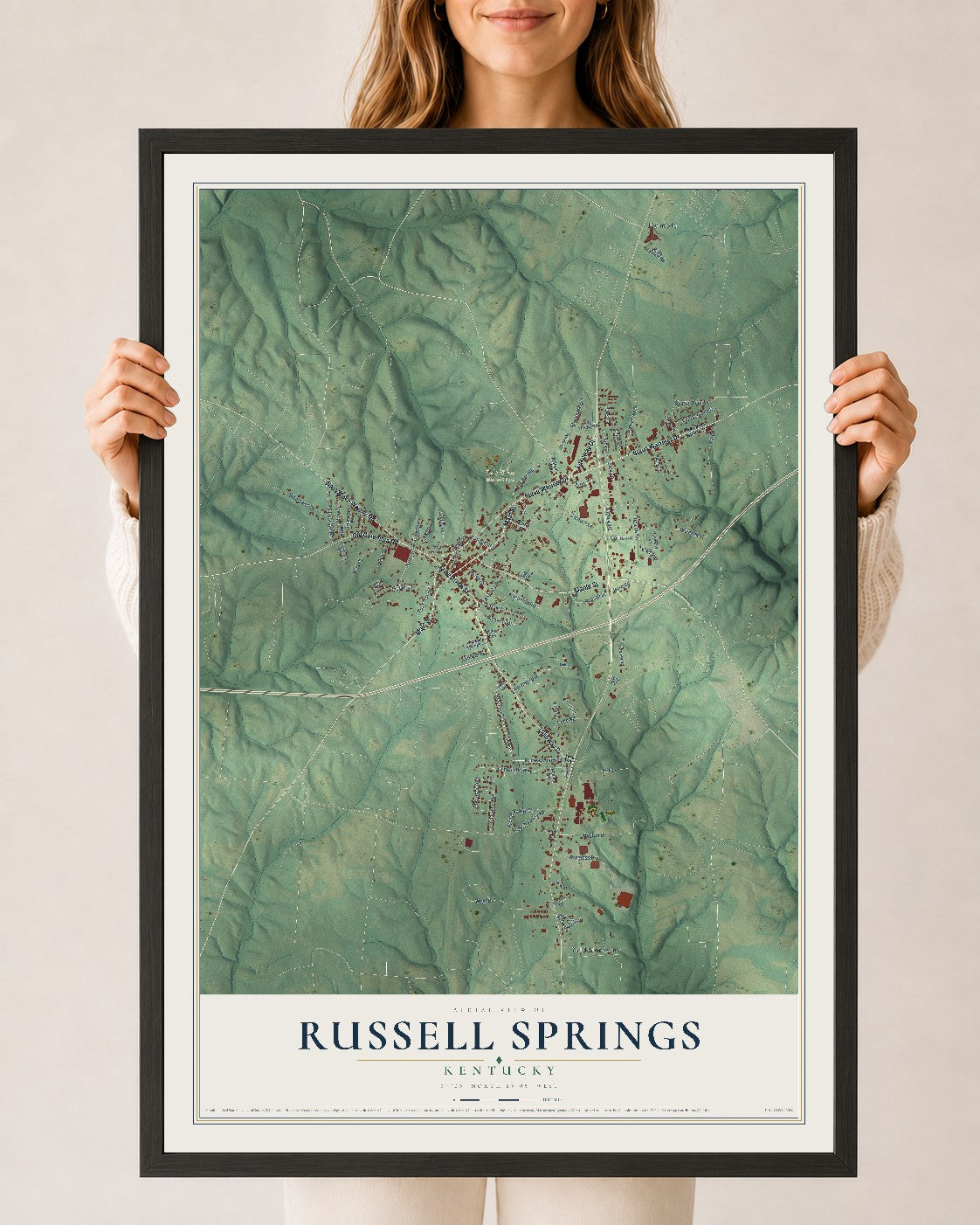 Map of Russell Springs, Kentucky, 24 x 36 inch print in a black wood frame