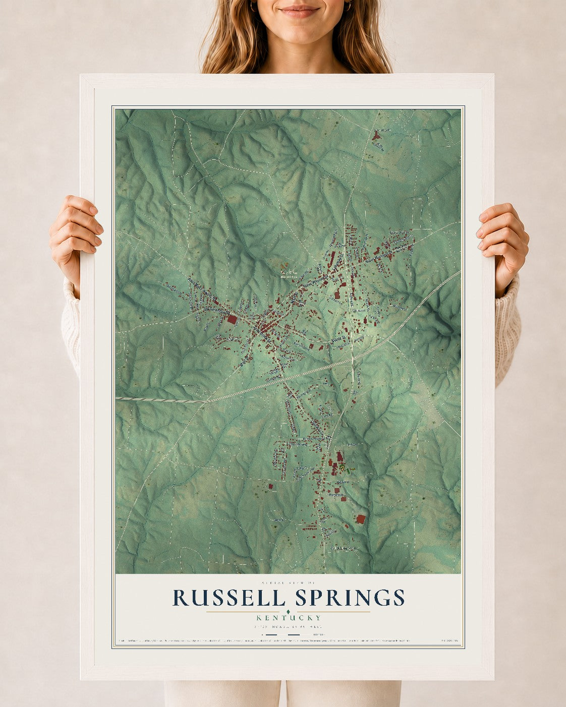 Map of Russell Springs, Kentucky, 24 x 36 inch print in a white wood frame