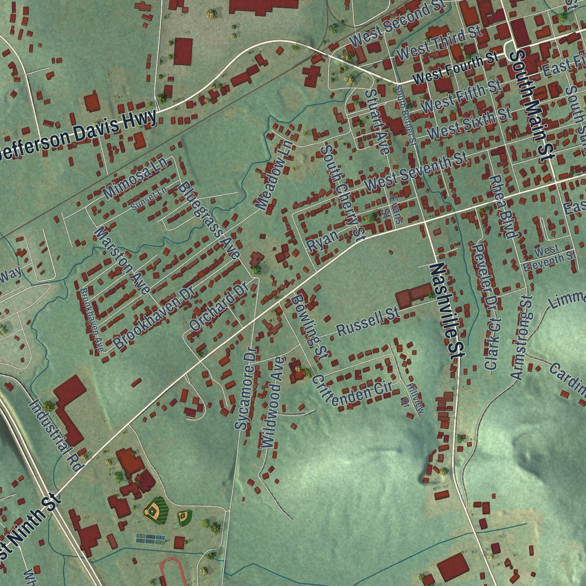 Close-up of the map of Russellville, Kentucky print showing street and building detail