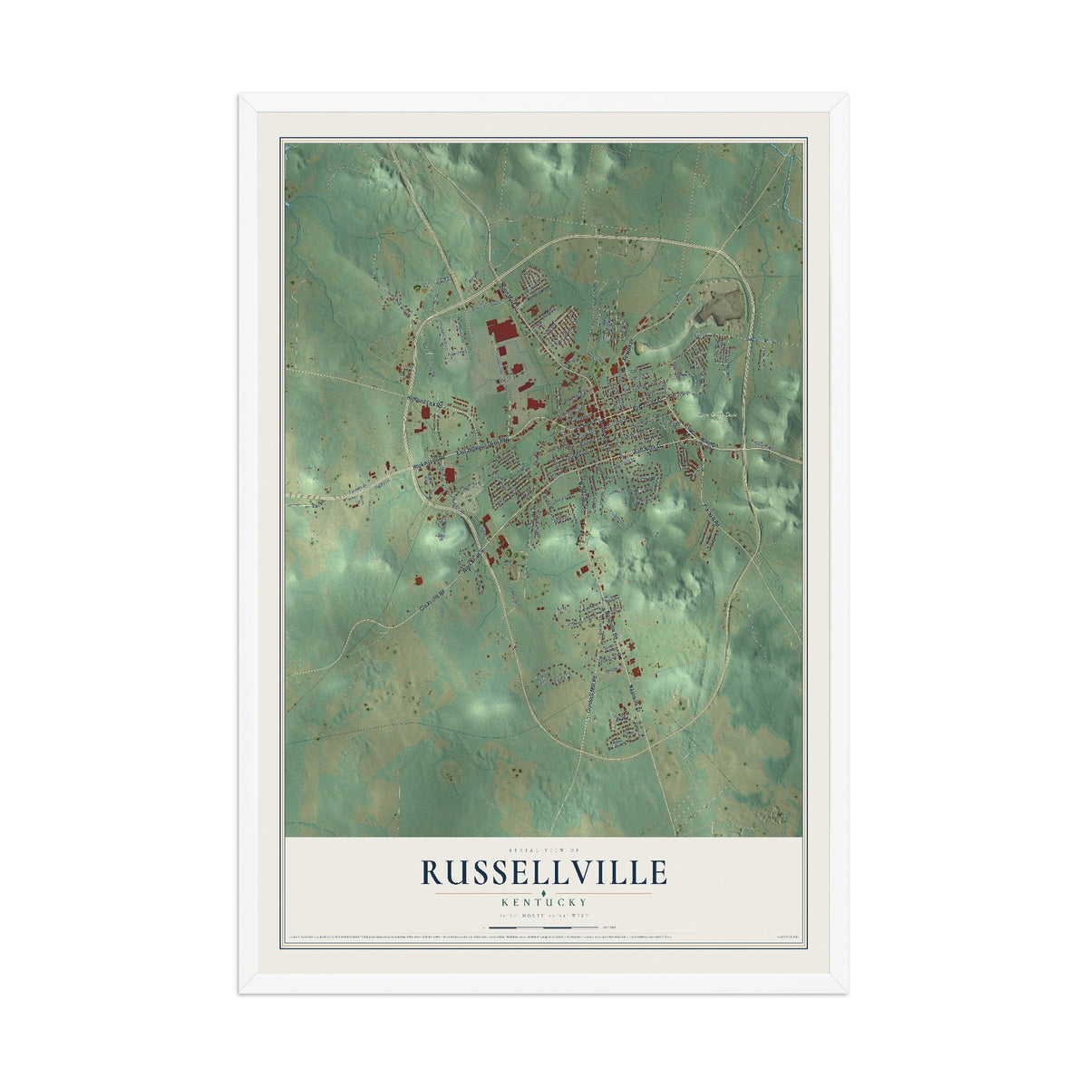 Map of Russellville, Kentucky, 12 x 18 inch print in a white wood frame