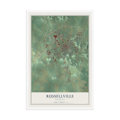 Map of Russellville, Kentucky, 12 x 18 inch print in a white wood frame