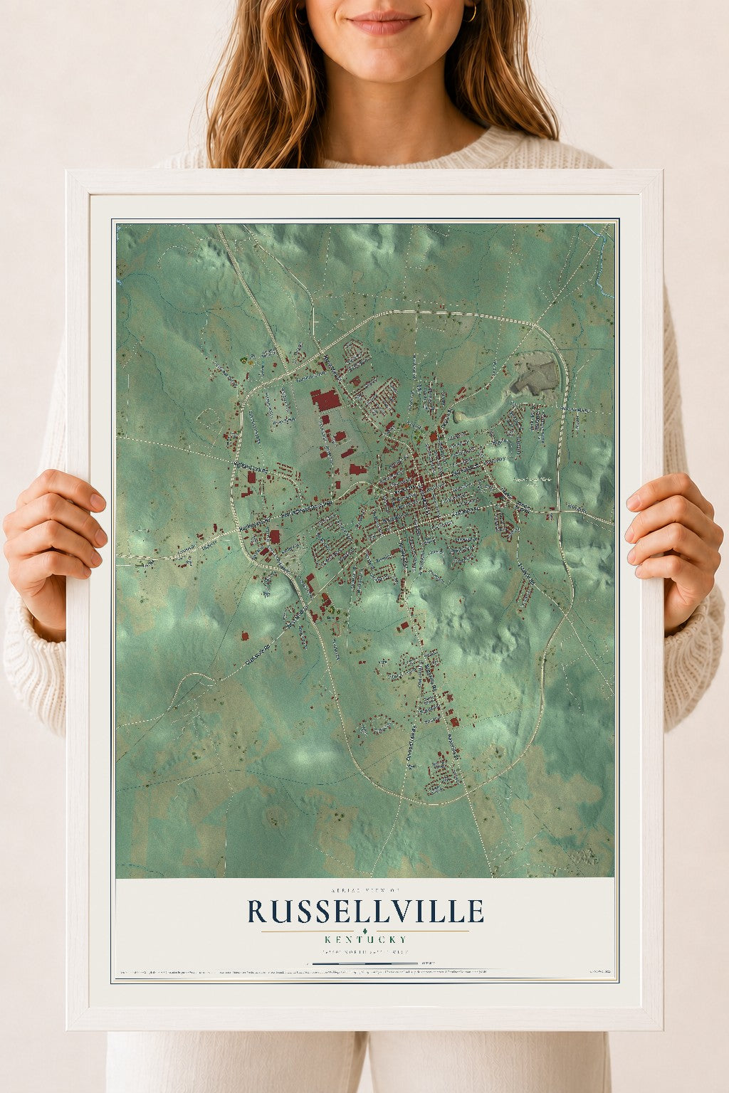 Map of Russellville, Kentucky, 18 x 24 inch print in a white wood frame