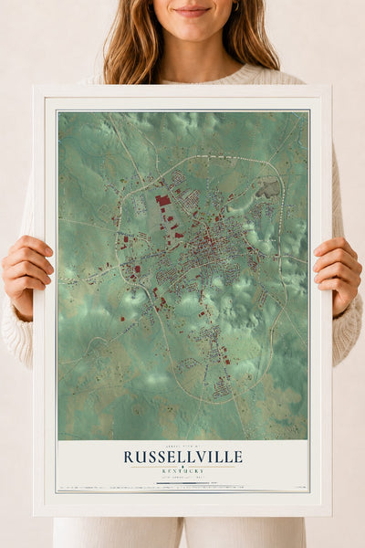 Map of Russellville, Kentucky, 18 x 24 inch print in a white wood frame