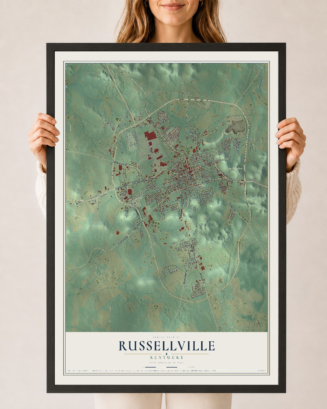 Map of Russellville, Kentucky, 24 x 36 inch print in a black wood frame