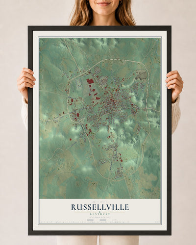 Map of Russellville, Kentucky, 24 x 36 inch print in a black wood frame