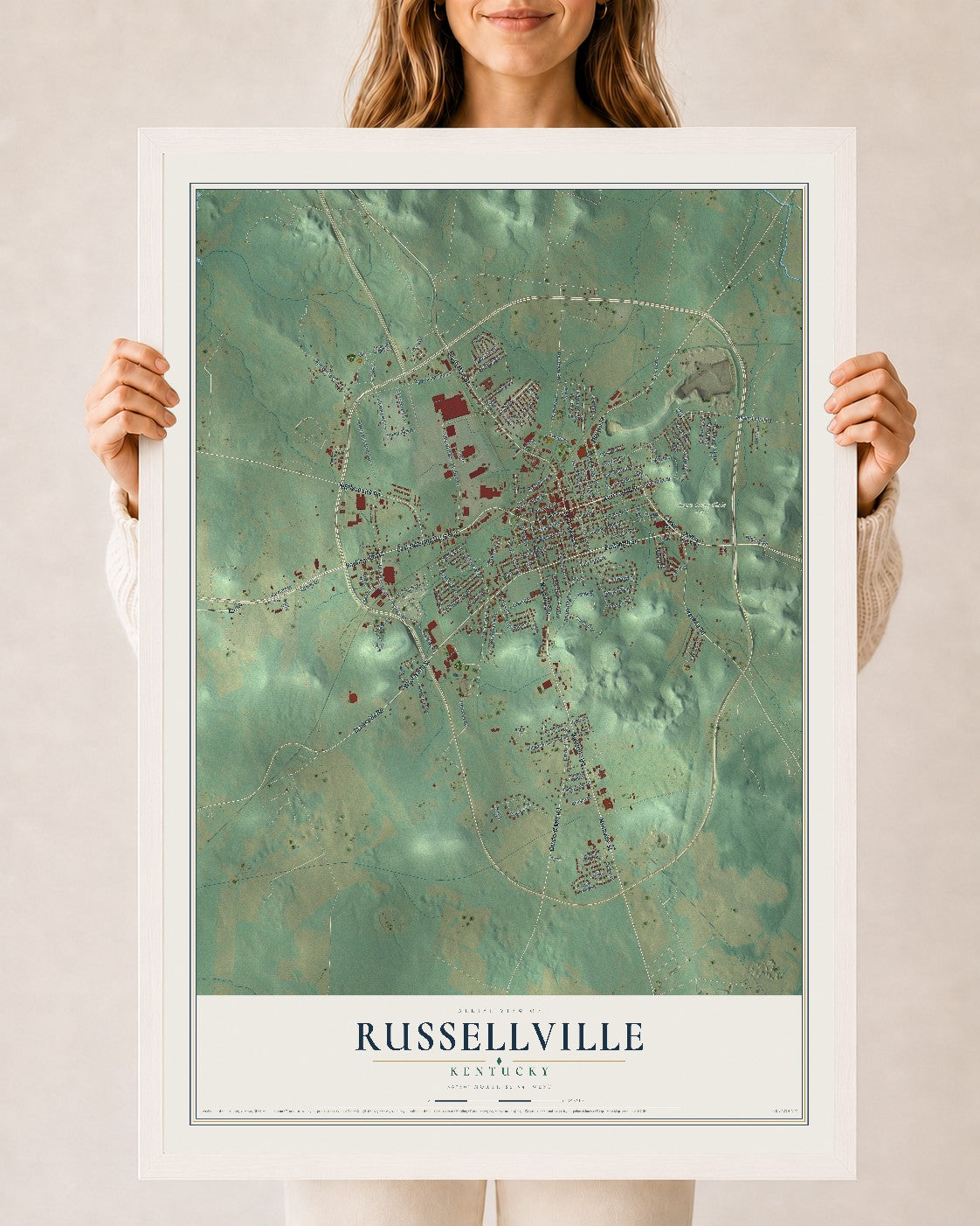 Map of Russellville, Kentucky, 24 x 36 inch print in a white wood frame