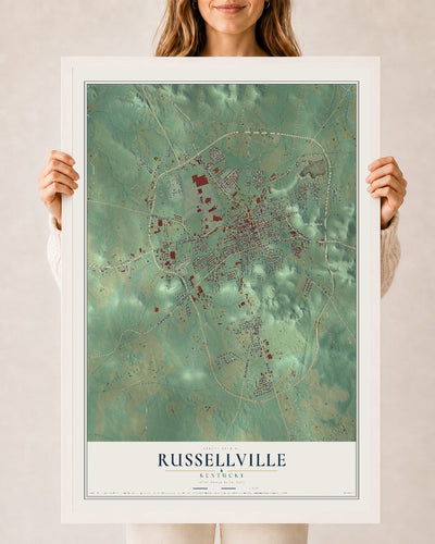 Map of Russellville, Kentucky, 24 x 36 inch print in a white wood frame