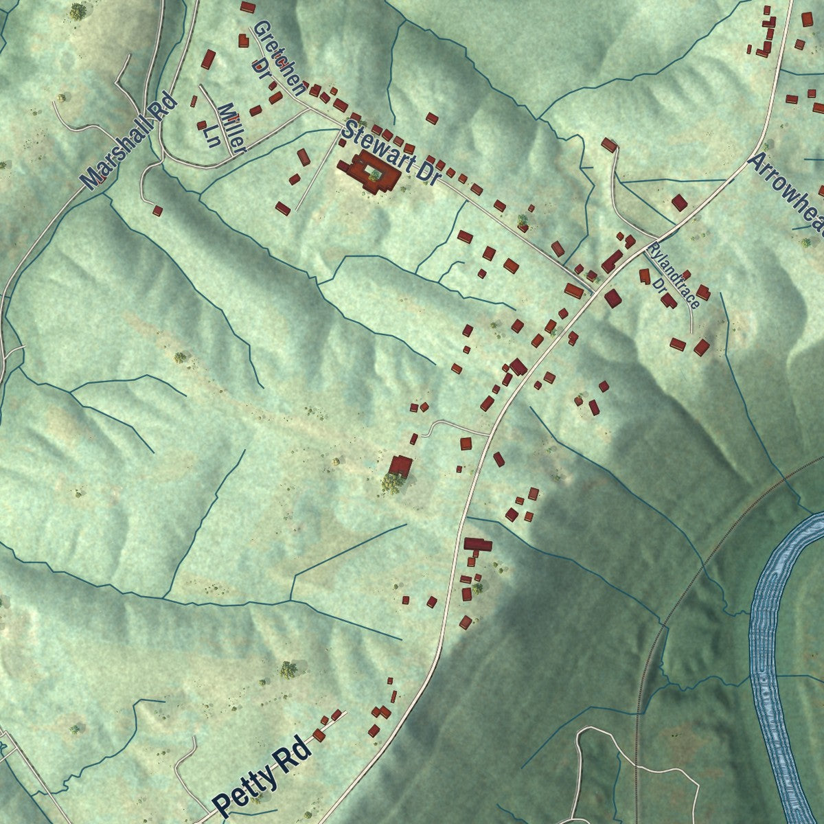 Close-up of the map of Ryland Heights, Kentucky print showing street and building detail